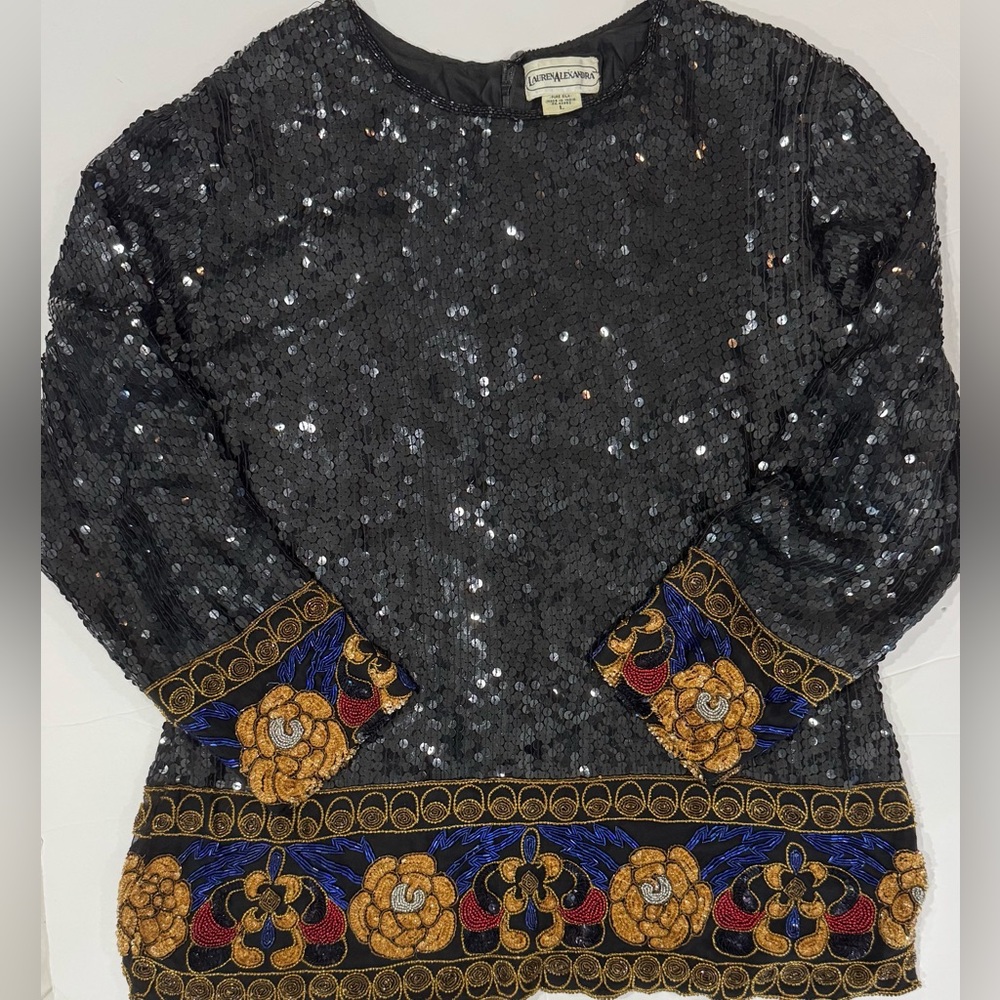 Vintage Lauren Alexandra Silk Sequin Beaded Evening Top Black Size L